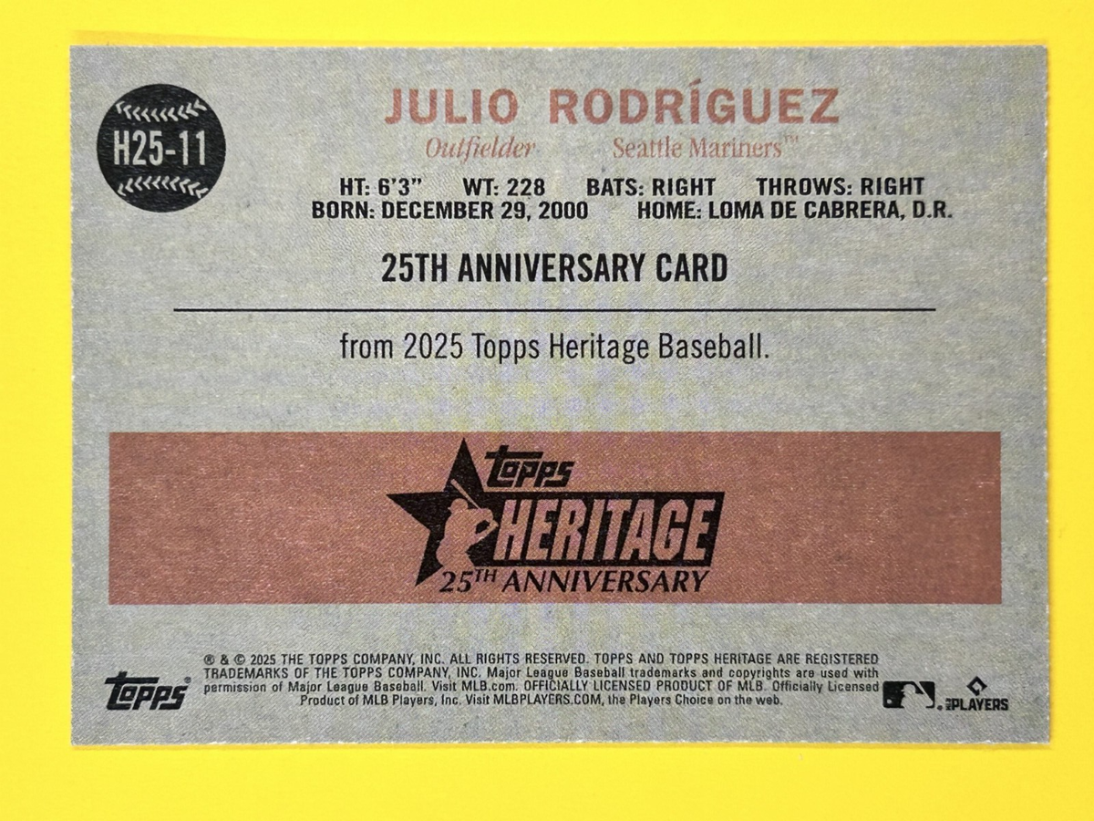スコッチ WBC Julio Rodriguez 直筆サイン25シリ 2025 Topps Heritage Julio Rodriguez #H25-11, 25th