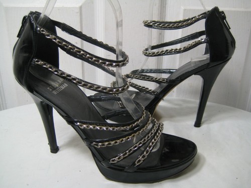 Luxury $850 Stuart Weitzman Chain Black Patent Leather Strappy Heel Sandal 8 M. - Picture 7 of 12