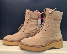 Zara SRPLS Combat Beige Suede, Heavy Chunky Flat Sole Laced Front Zip Boots