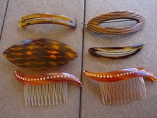 VTG 1970  s Tortoise-Faux Wood Rhinestones Barrettes  Hairclip Combs France