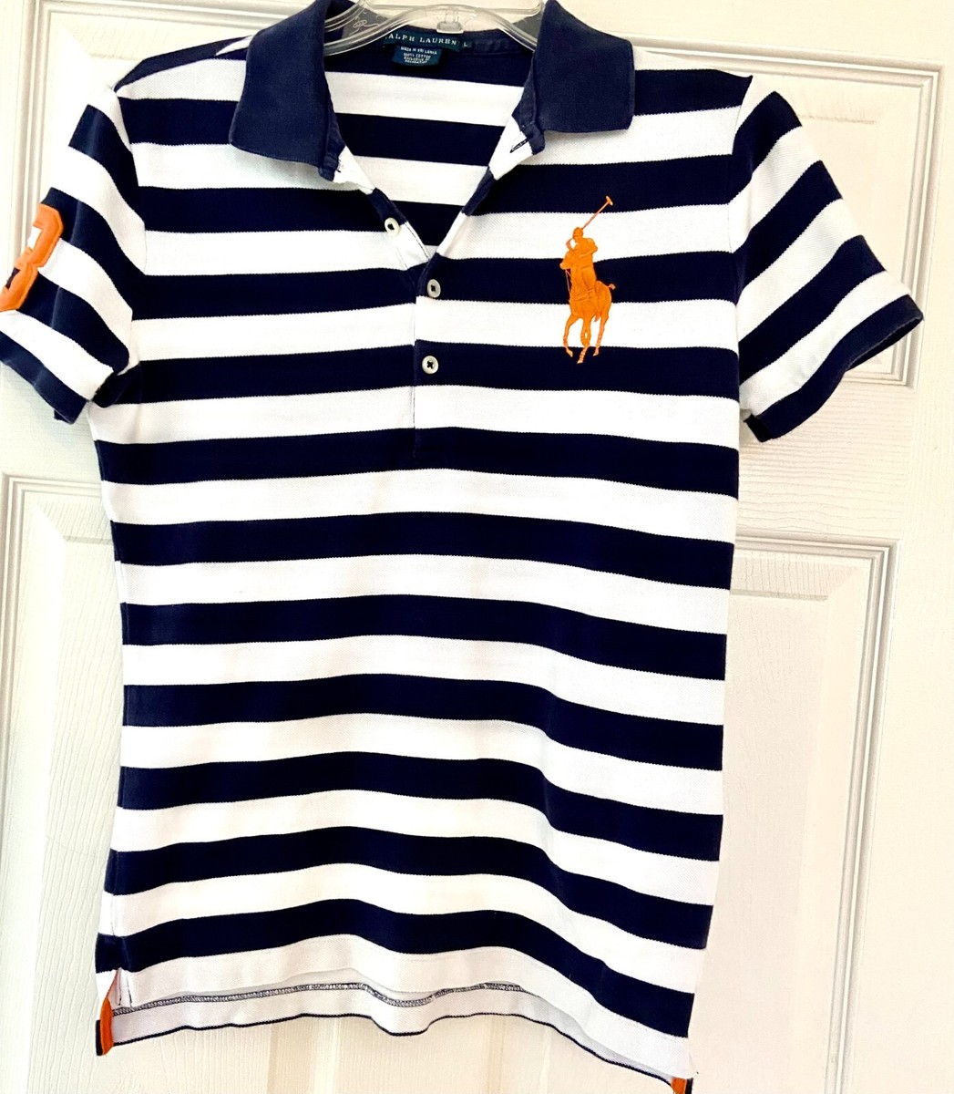 RALPH LAUREN DESIGNER NAVY-WHITE STRIPED POLO, ORANGE BIG PONY, YOUTH  LARGE