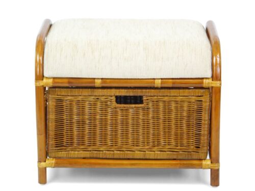 Krit Ottoman Rattan Wicker Rectangular Stool Pouf with Basket w/ Cushion,Cognac - Picture 3 of 8