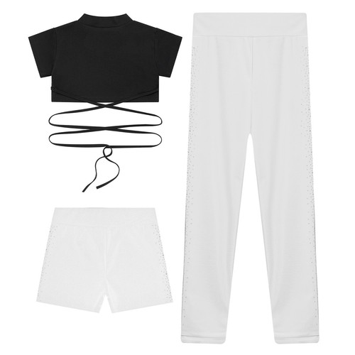 Kids Girls Set Workout Suit Cross Waist Outfit Yoga Fitness Rhinestones Modern - Picture 12 of 27