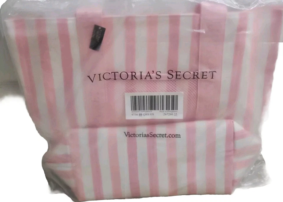 👀》🔥 Victoria’s Secret XL Iconic Pink & White Stripe Beach Cooler Tote Bag 🆕️