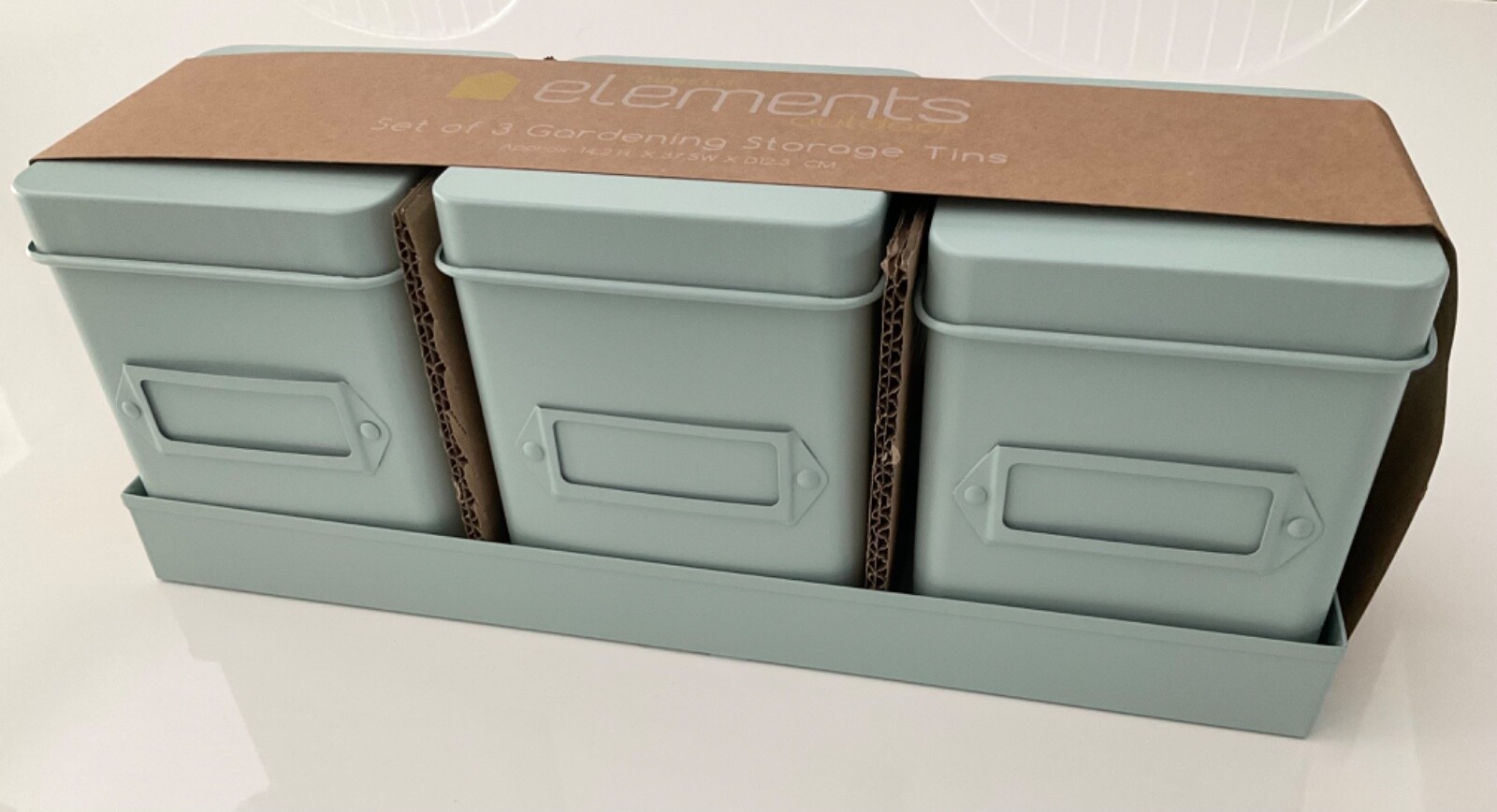 Dunelm 3x green metal storage tins with lids and tray. White Company style. New