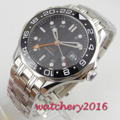 41mm schwarzes Zifferblatt Saphir Herren Automatik Uhr GMT Datum drehbare Lünette 316L Band