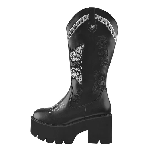 Botas vaqueras occidentales bordadas para mujer botas de tacón ancho plataforma media pantorrilla - Imagen 2 de 15