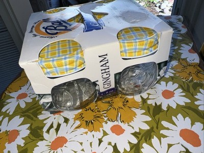 Vintage 90 s BALL Collection Elite Quart Jars Gingham Yellow Blue 4 pack 4-8 oz