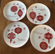 Set Of 4 Holiday Red & White Christmas Sentiments 9" Salad Plates by The Cellar