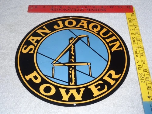 VINTAGE SAN JOAQUIN POWER ELECTRIC LINES +POLE 11 3/4" METAL CALIFORNIA GAS SIGN