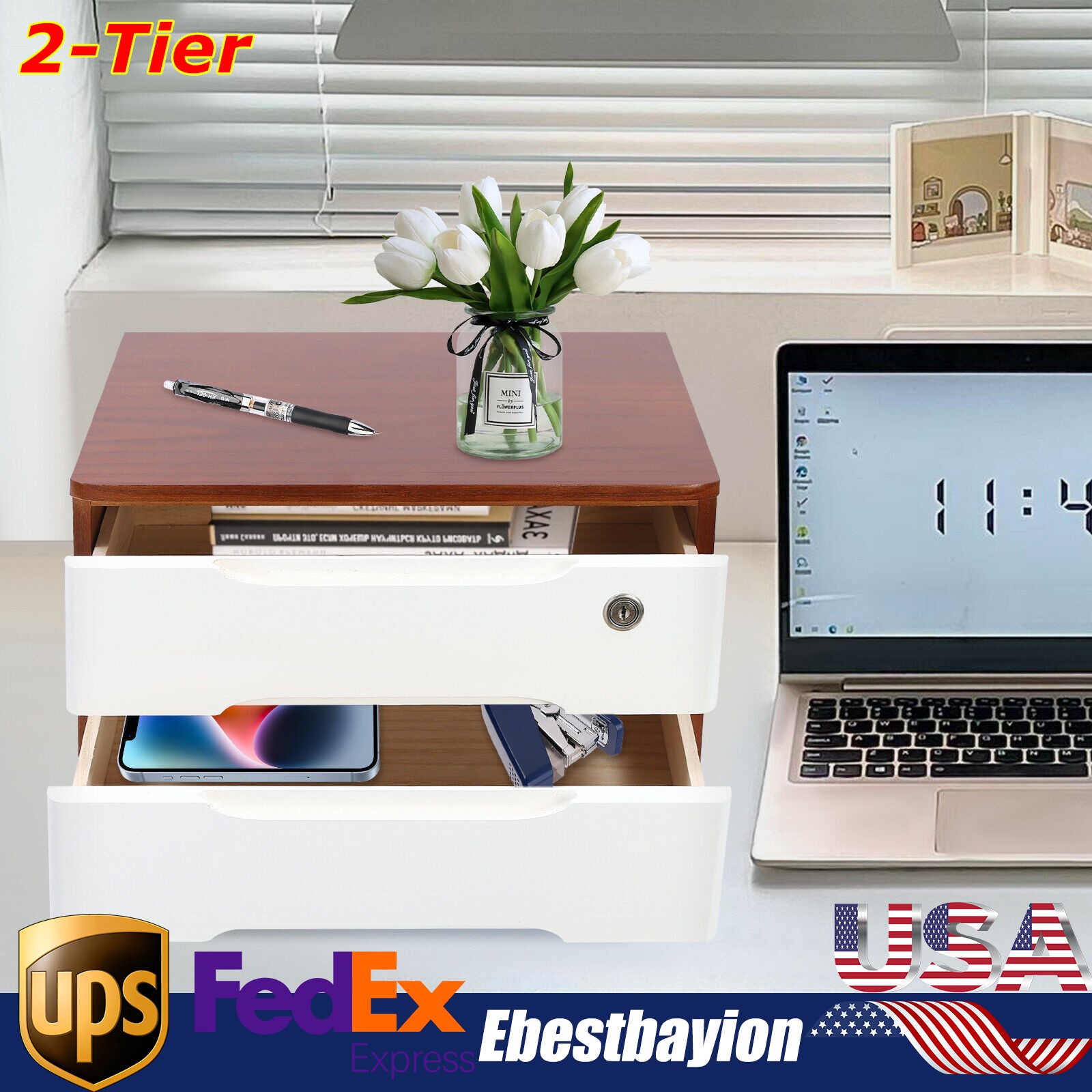 2-Tier Wooden Desk Organizer with Lockable Drawers for Storage