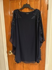 Xscape Women’s Navy Formal Short Dress W/ Sheer Overlay & Sparkle Sleeve Dtls.