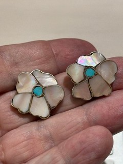 Vintage Zuni Sterling Silver Earrings with Turquoise and MOP Anselm Wallace