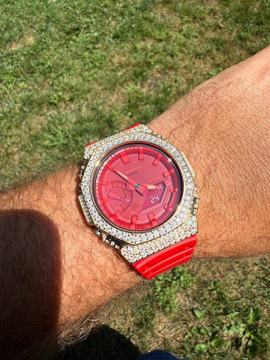MOISSANITE Real 14k Gold Over 925 Silver Iced Red Casio G Shock