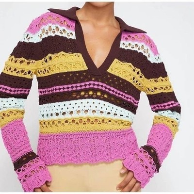 Jonathan Simkhai Roxana Macrame Polo Sweater Striped Crochet Knit Top XS New
