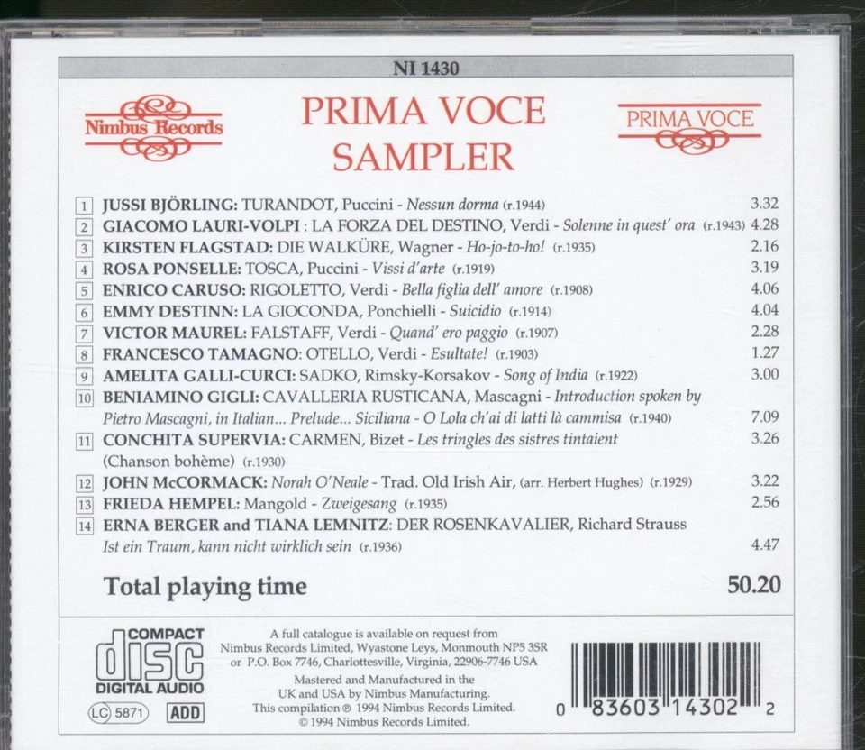 NI1430 Various Artists Prima Voce Sampler CD UK Nimbus 1994 NI1430 - Image 2 of 3