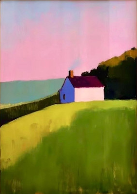 2 Sizes Rich Hues Abstract Cottage on Hill Overlooking Water Landscape Art Print