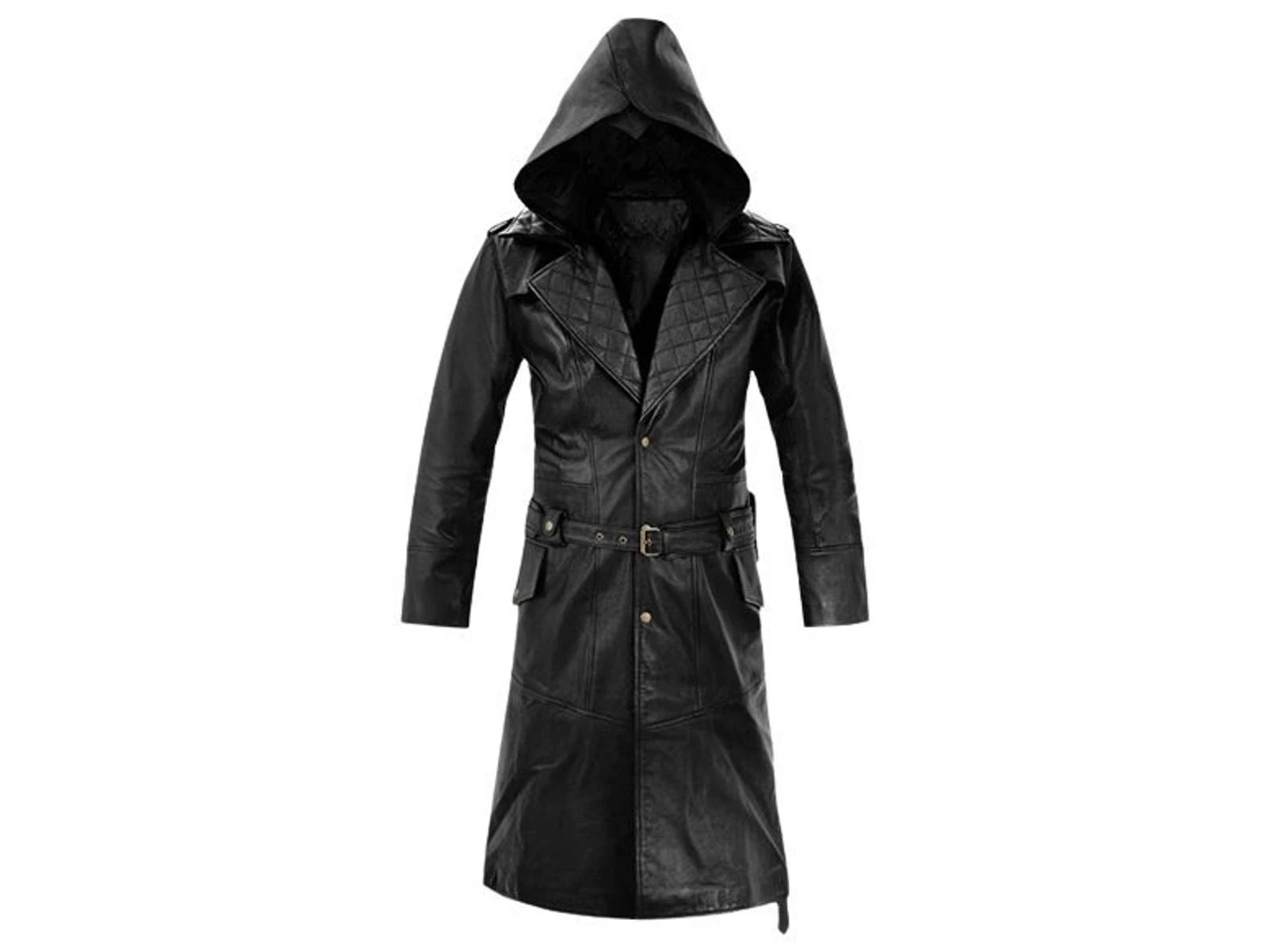 Mens Black Lambskin Leather Hooded Trench Coat Full Length Duster Overcoat Wears image 7