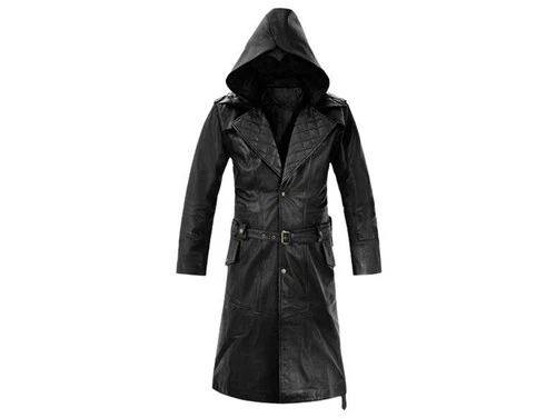 Mens Black Lambskin Leather Hooded Trench Coat Full Length Duster Overcoat Wears image 7