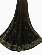 Vintage Georgette Dupatta / Black  Golden Embroidered Scarf LD7313