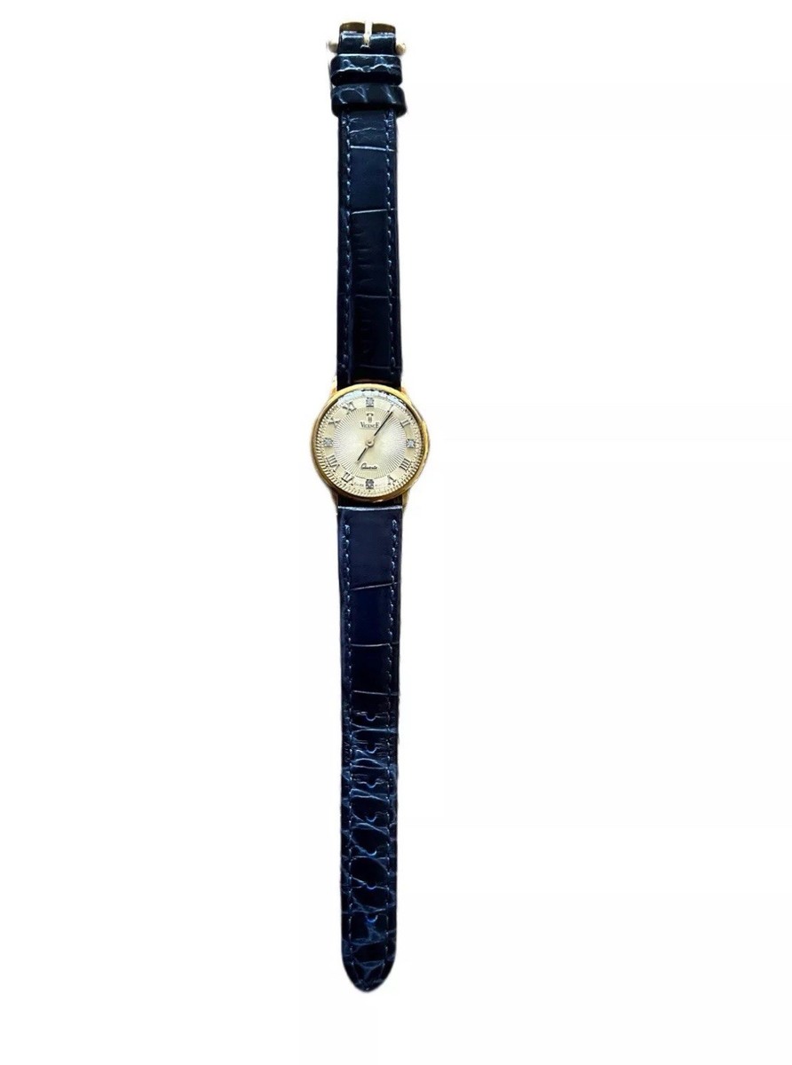 18k Gold VicencE ladies watch with Royal Blue leather textured band. Gorgeous! Facet Princess Dark Blue Leather Dress Watch for Women  main image 4