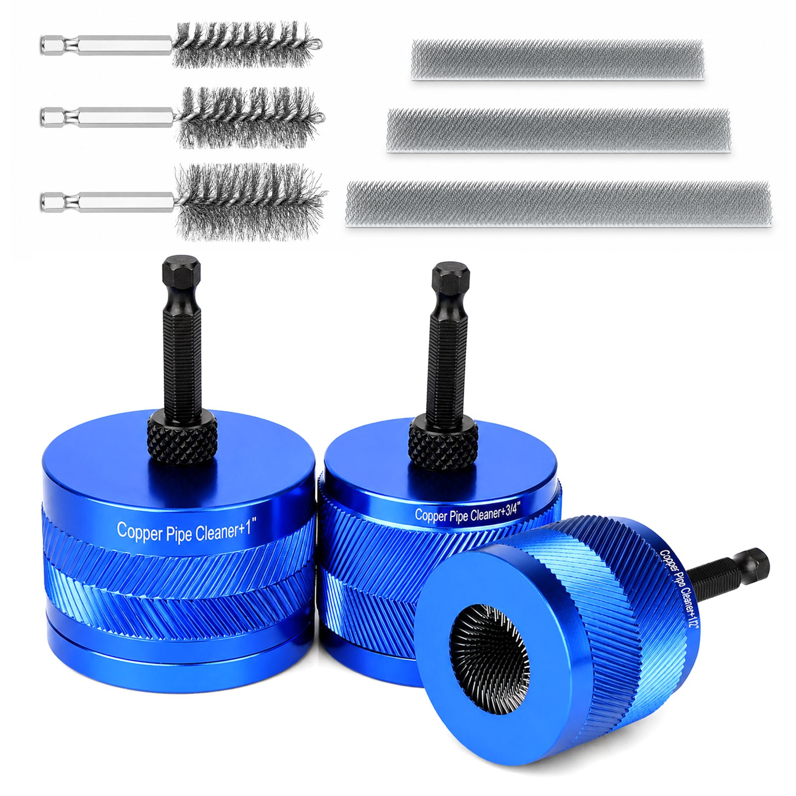 9PCS Copper Pipe Cleaner for Drill Set 1/2" 3/4" 1" Plumbing Cleaning Brush Kit
