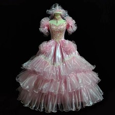 Pink Satin Wedding Dresses Sweetheart Beading Puff Sleeves Vintage Bridal Gowns