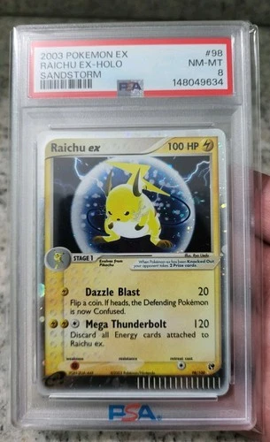 2003 Pokemon Ex Sandstorm 98/100 Raichu EX Holo Psa 8 Swirl
