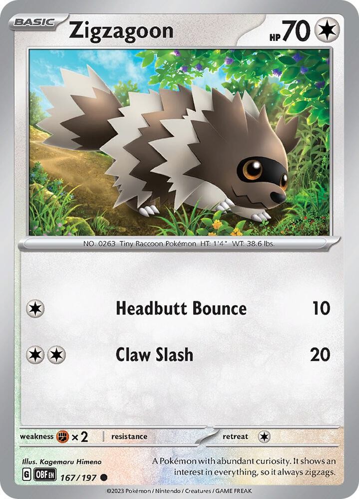 Zigzagoon 167/197 Common Pokemon SV03: Obsidian Flames NM