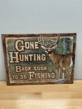Whitetail Deer Gone Hunting Metal Sign. 12.5”x16” Buck Outdoor & Cabin Decor