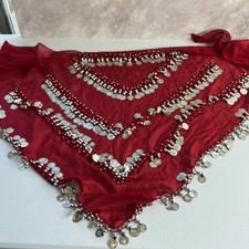 Belly Dance Hip Scarf Triangle Shape Sheer Fabric Faux Silver Coins