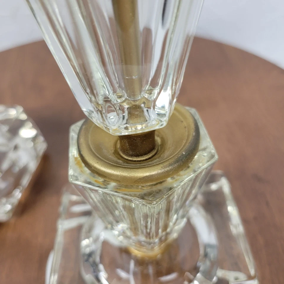 Vintage Etched Crystal Glass Base Lamps Gold Metal Accent MCM Art Deco Pair - Image 3 of 4