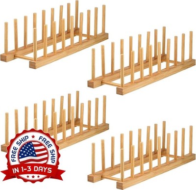 Escurridor Vertical De Platos De Madera De Bambú, Organizador 4 Unidades NEW US.