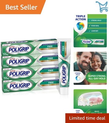 Denture Adhesive Cream Zinc-Free Strong Hold Food Seal 2.4 oz Pack of 4