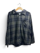 Laguna Men’s Olive Navy Plaid Hooded Flannel Shirt Cotton Button Up - XL