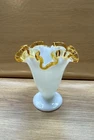 Vintage Fenton Milk Glass Gold Crest Ruffled Vase 4 1/2” Tall