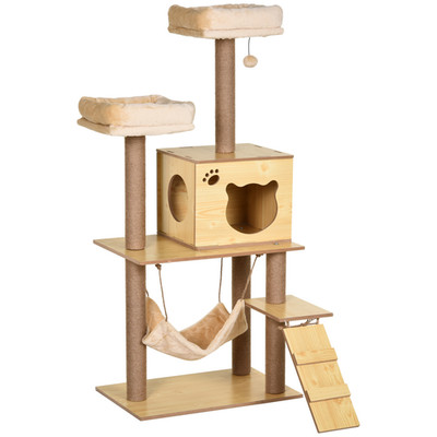 Kratzbaum 130cm gelb E1 Spanplatte Plüsch Jute Indoor 4lvl 60x40cm Sockel 30kg