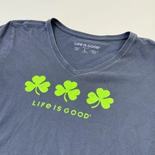 Life Is Good Shirt Womens Large Blue Three Shamrock Clover Graphic Cotton