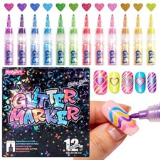 12 Colors Glitter Nail Art Pens Set, 3D Nail Polish Pens Nail Art Drawing Pen...