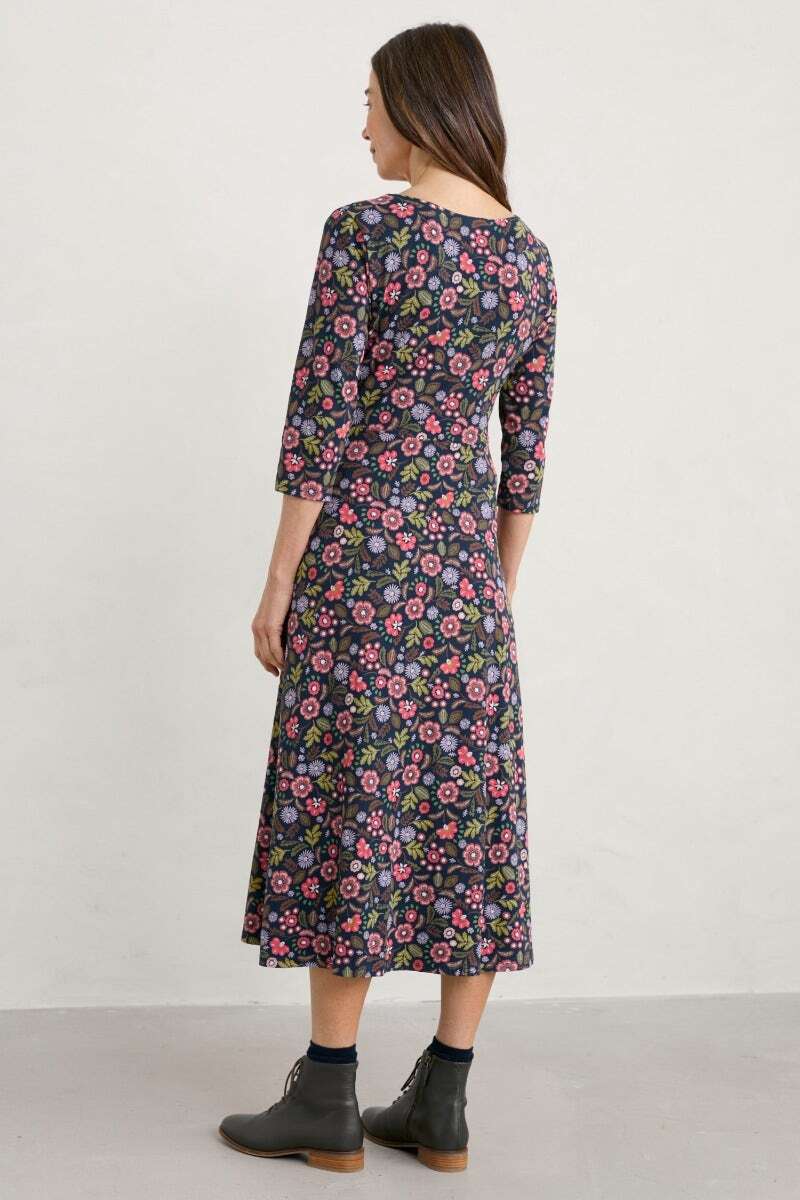 Seasalt Women's navy Veronica Midi Dress (GOTS) Regular Woodblock