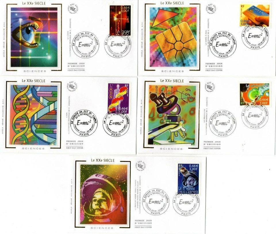 3422/6+ FDC 5 ENVELOPPES 1er JOUR SOIE SIECLE AU FIL DU TIMBRES SCIENCES. - Photo 1/1
