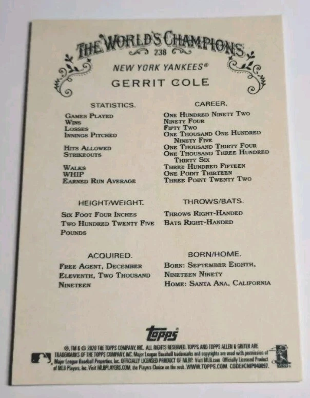 2020 Topps Allen & Ginter's - #238 Gerrit Cole - Image 2 of 2