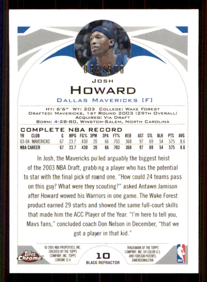 2004-05 Topps Chrome Refractors Black #10 Josh Howard /500 - Image 2 of 2