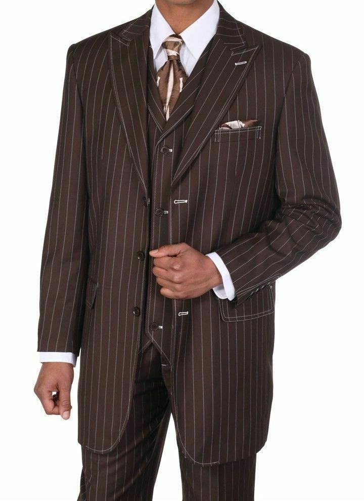 New Men's Classic Pinstriped Suit With Vest Brown/White 36