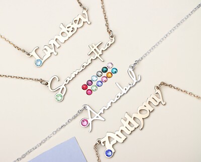 Personalised Swarovski Birthstone 925 Silver Name Necklace • Gift For Her  UK