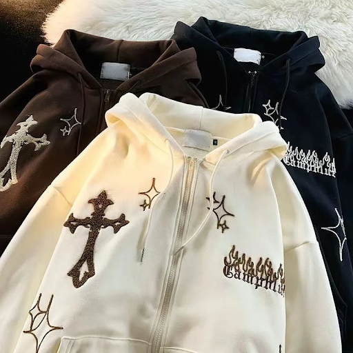 Y2K Loose Zip Up Hoodie Gothic Grunge Streetwear Pullover Cross Embroidery