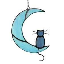 Black Cat On Blue Moon Stained Glass Cat Hanging Ornament