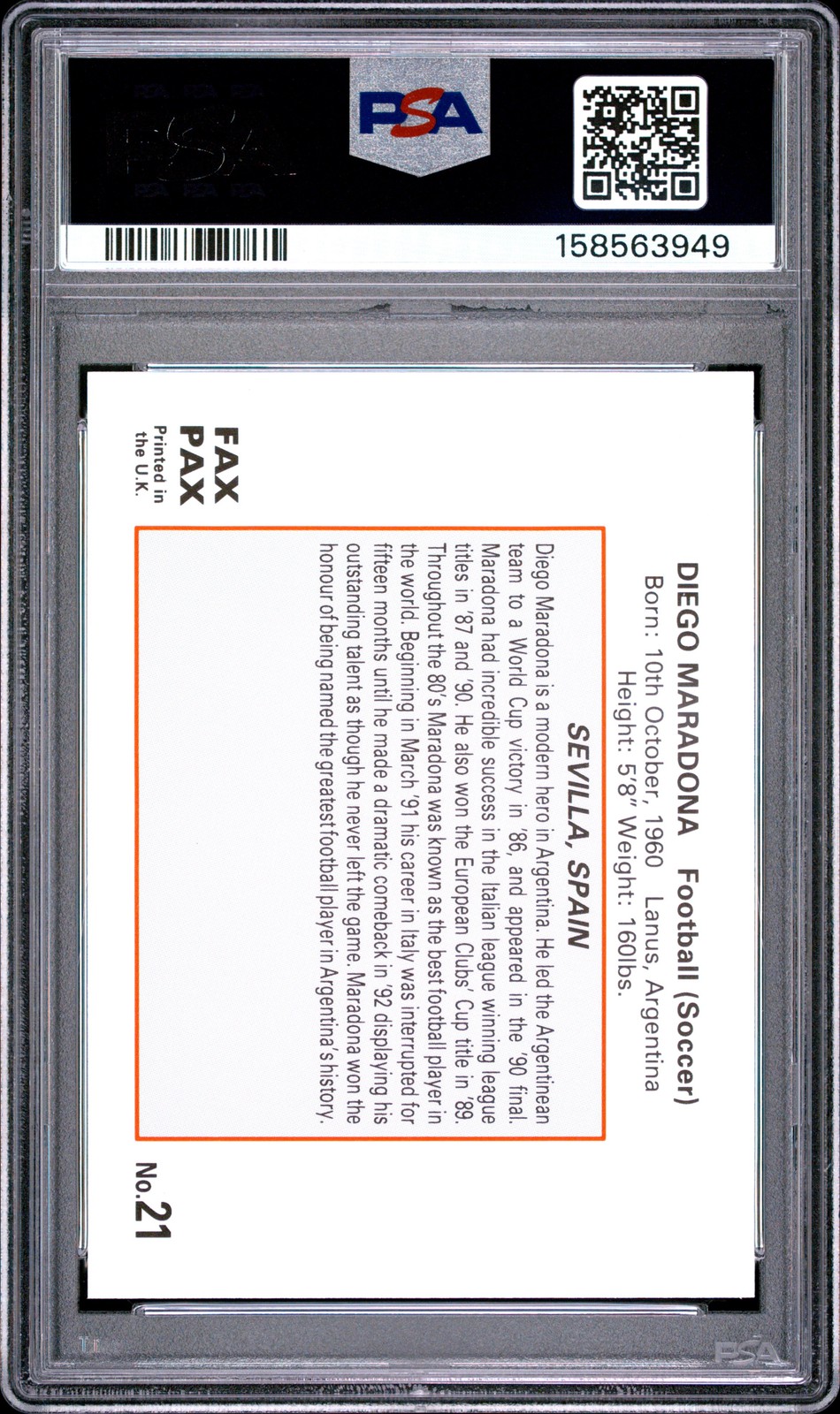 158563949 Diego Maradona 1993 Fax Pax World of Sport #21 PSA 9 view 2