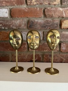 Brass Theater Mask on Stand. Drama Masquerade Face. Set of 3. PENCO Taiwan