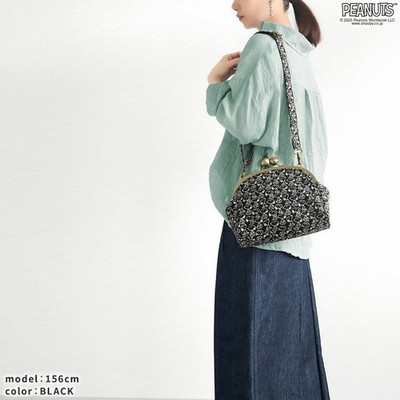 Peanuts Snoopy Shoulder Bag Metal Clasp Jacguard BLACK Japan